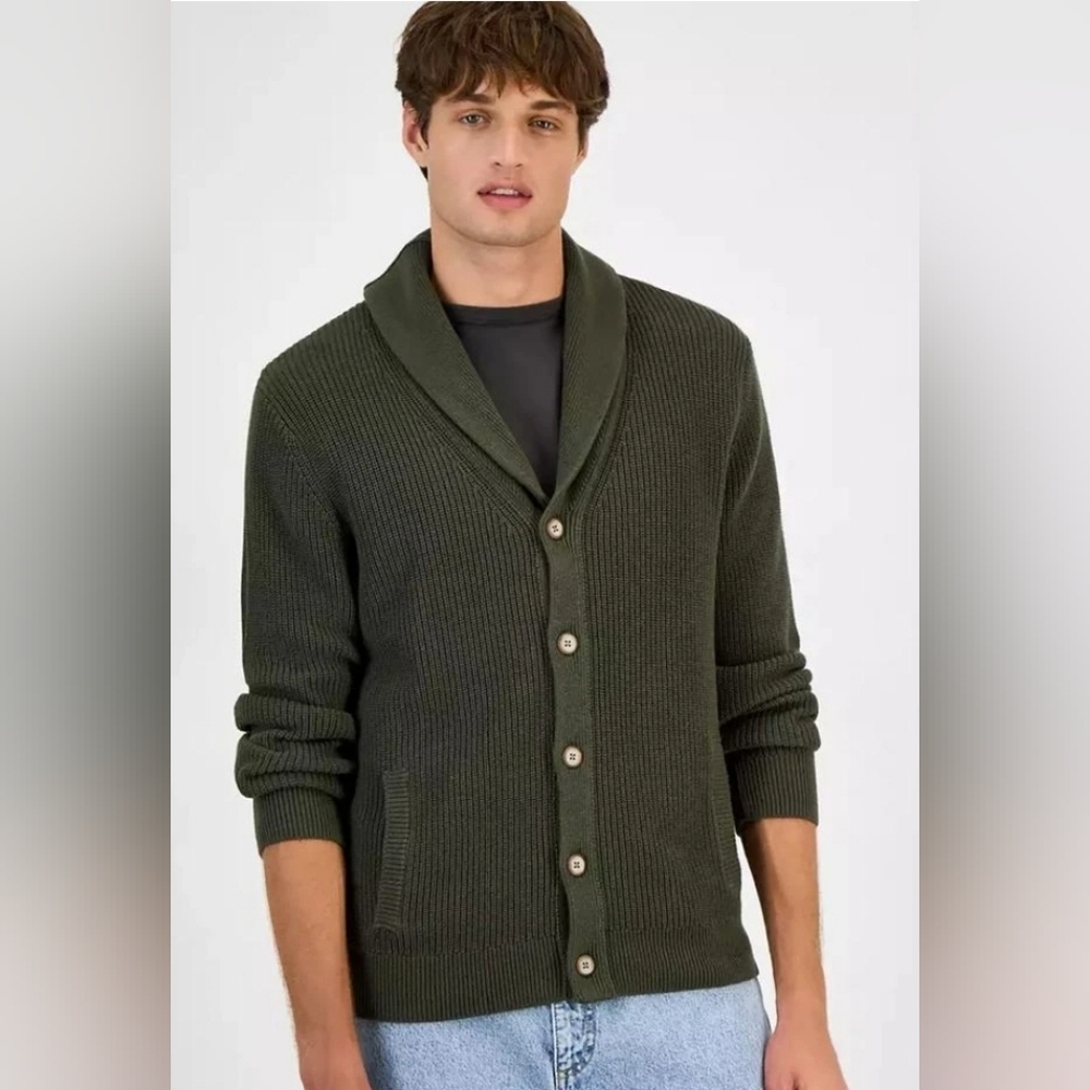 100% Cotton Sun & Stone Men's Alvin Cardigan Sweater In Olive Green Sz L